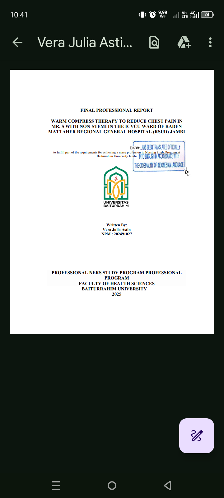 Terapi kompres hangat untuk menurunkan nyeri dada pada TN.s dengan non stemi di ruang icvcu RSUD Raden Mattaher Jambi