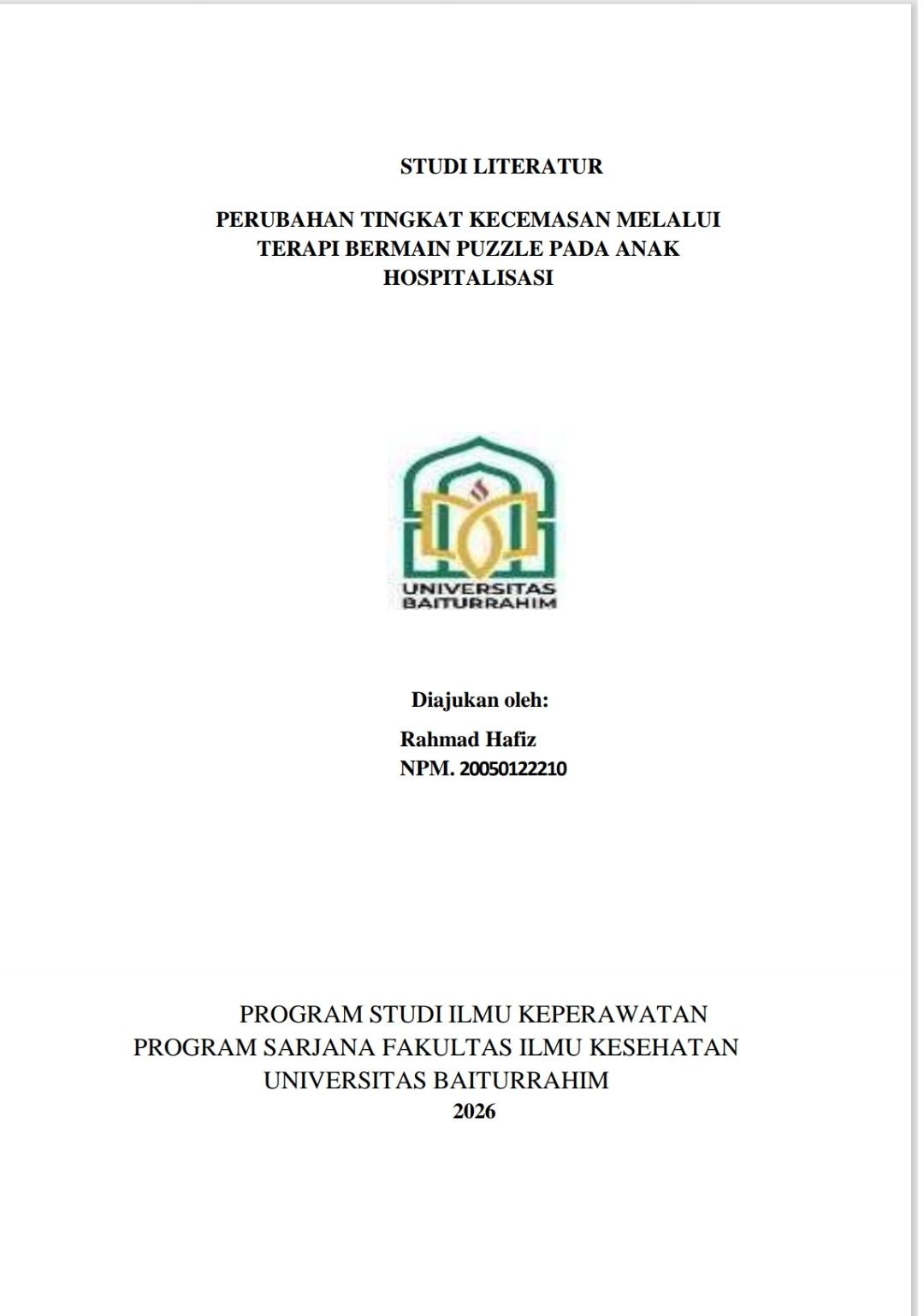 PERUBAHAN TINGKAT KECEMASAN MELALUI TERAPI BERMAIN PUZZLE PADA ANAK HOSPITALISASI