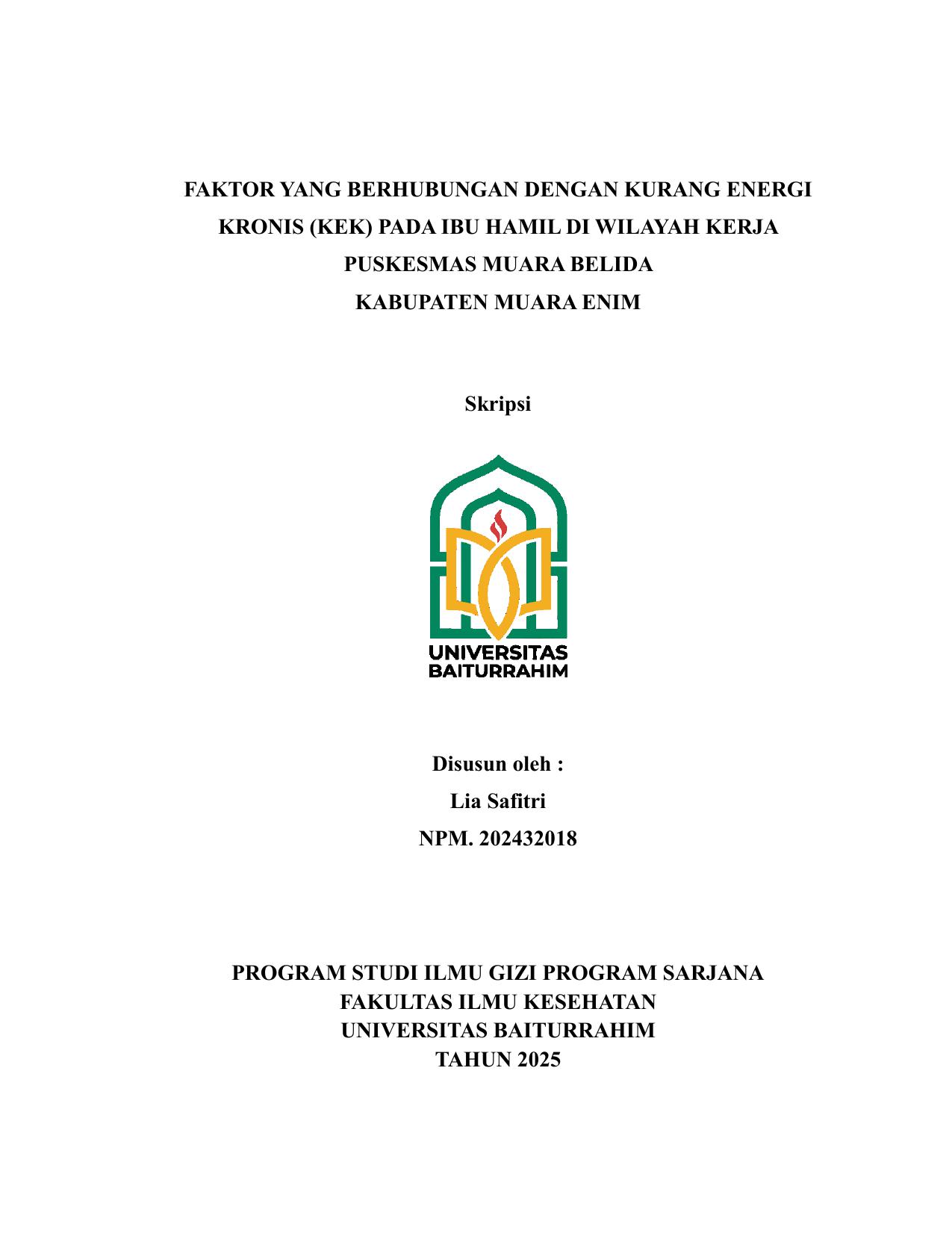 Faktor yang Berhubungan dengan Kurang Energi Kronik (KEK) Ibu Hamil di Wilayah Kerja Puskesmas Muara Belida Kabupaten Muara Enim