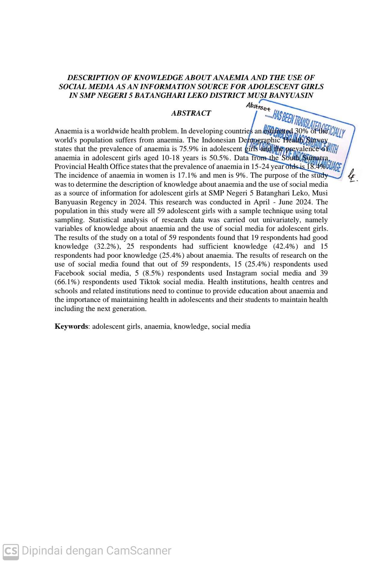 Gambaran Pengetahuan Tentang Anemia dan Penggunaan Media Sosial Sumber Informasi Remaja Putri SMP Negeri 5 Batanghari Leko Kabupaten Musi Banyuasin