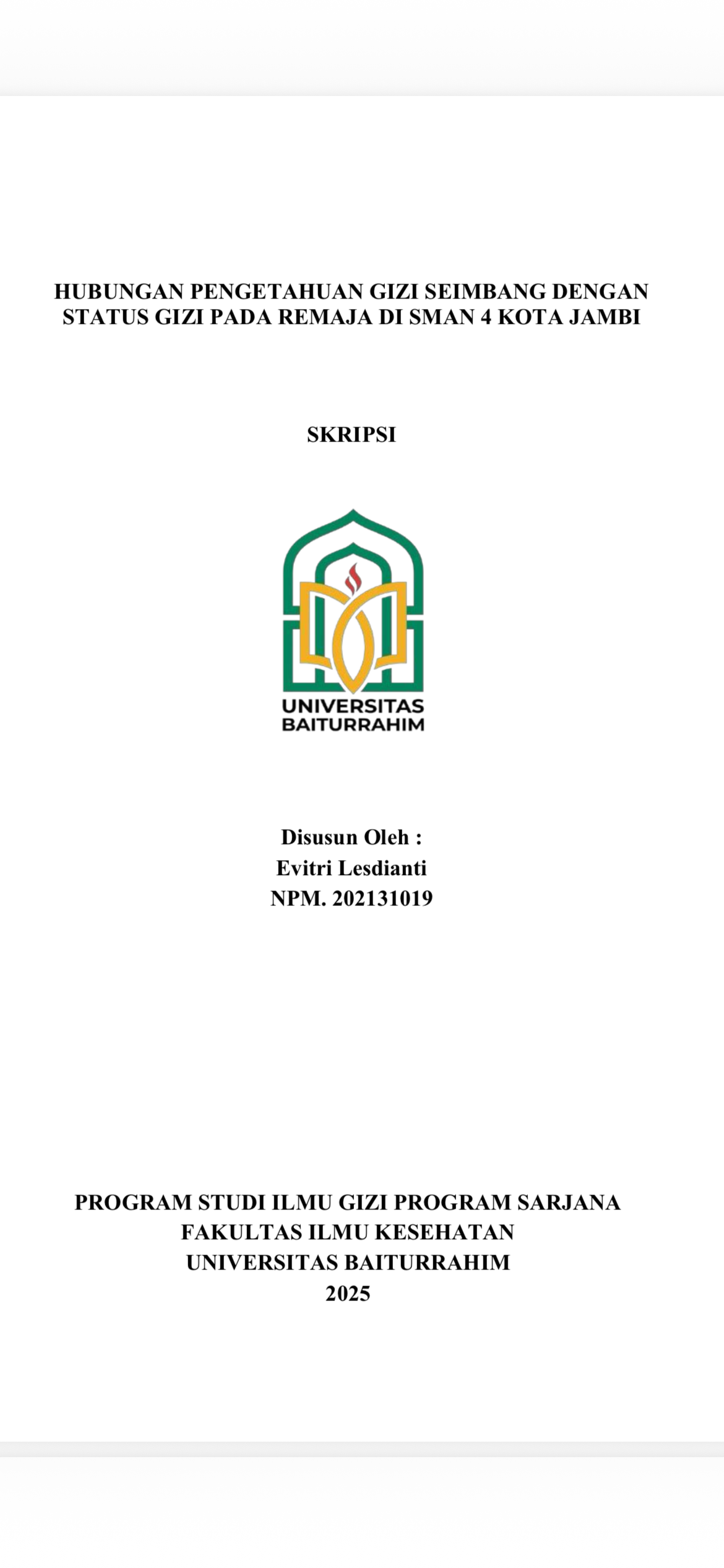 Hubungan Pengetahuan Gizi Seimbang dengan Status Gizi Pada Remaja Di SMAN 4 Kota Jambi