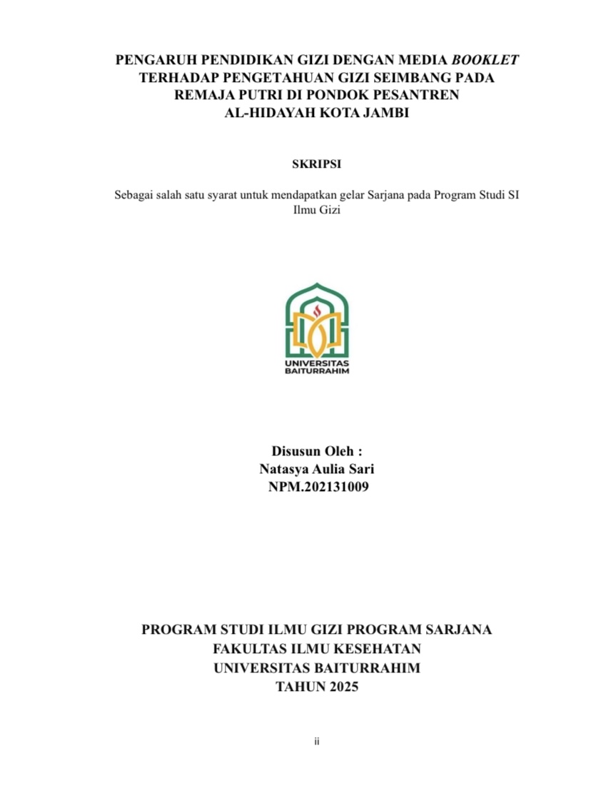 Pengaruh pendidikan gizi dengan media booklet terhadap pengetahuan gizi seimbang pada remaja putri di pondok pesantren Al hidayah kota jambi