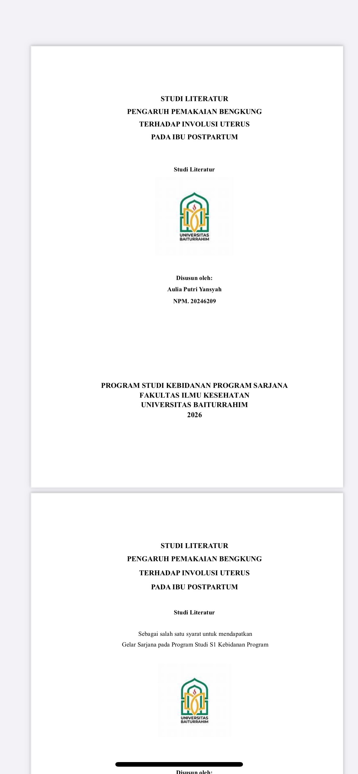 STUDI LITERATUR PENGARUH PEMAKAIAN BENGKUNG TERHADAP INVOLUSI UTERUS PADA MASA POSTPARTUM