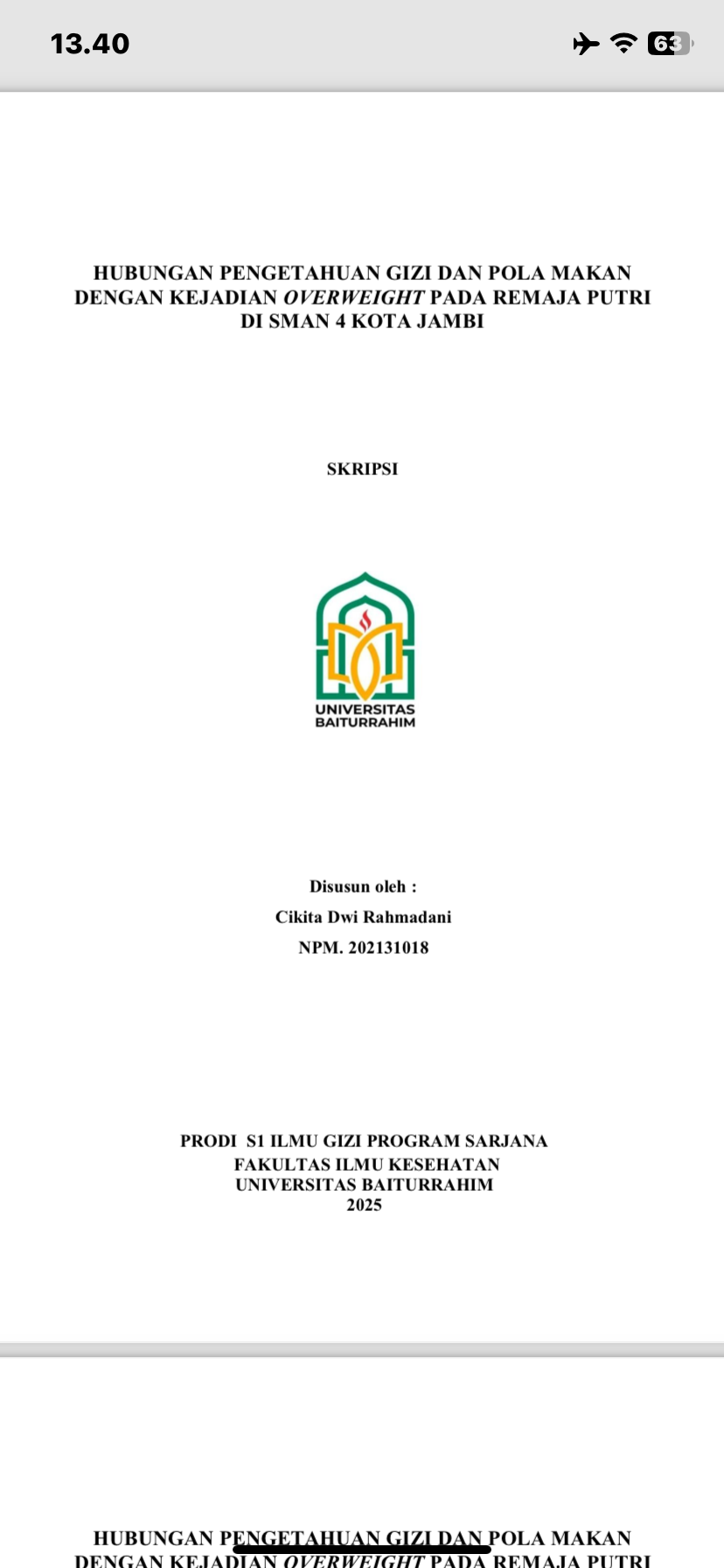 HUBUNGAN PENGETAHUAN GIZI DAN POLA MAKAN DENGAN KEJADIAN OVERWEIGHT PADA REMAJA PUTRI DI SMAN 4 KOTA JAMBI