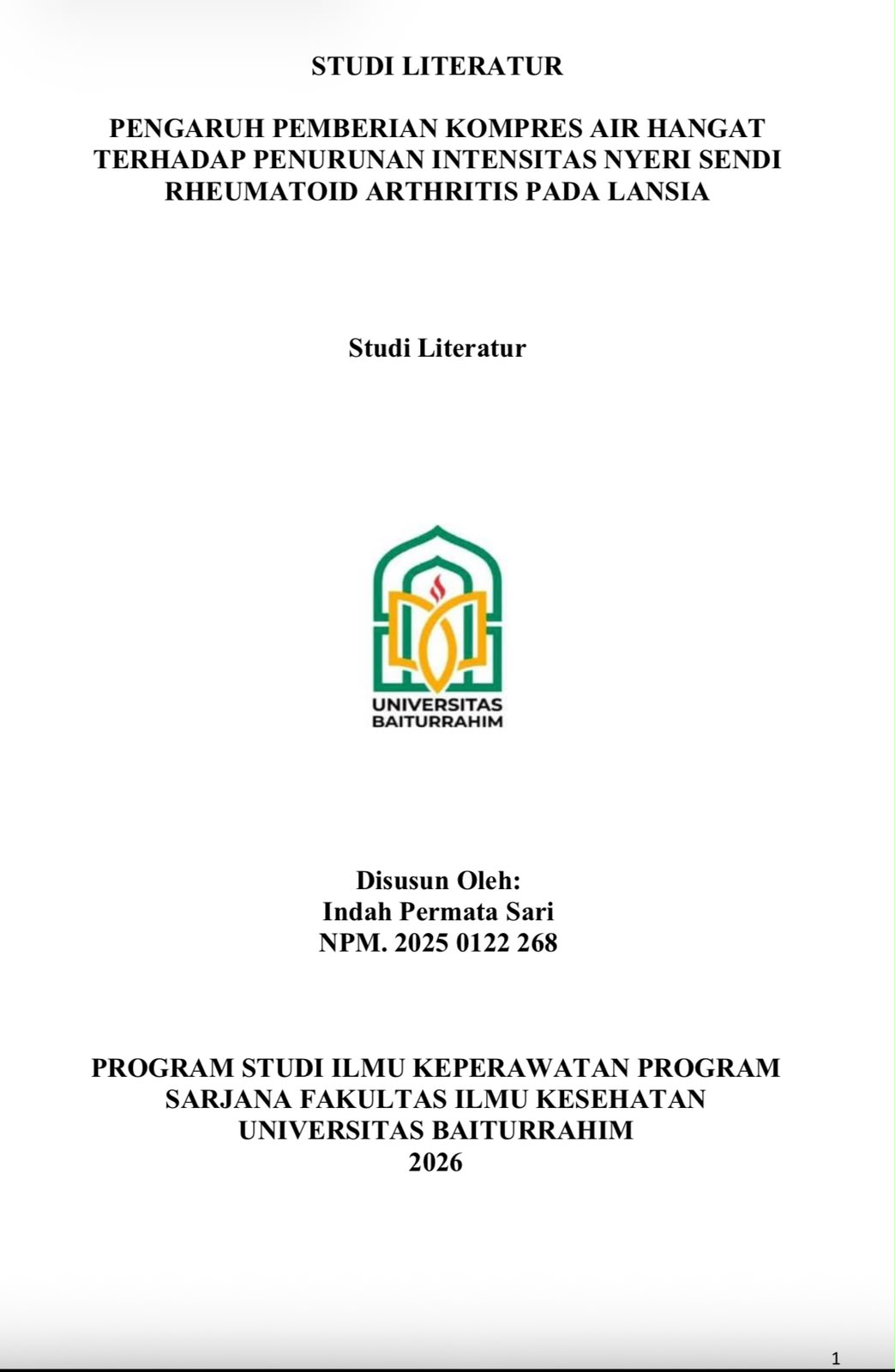 PENGARUH PEMBERIAN KOMPRES HANGAT TERHADAP PENURUNAN NYERI SENDI RHEMATOID ARTHRITIS PADA LANSIA