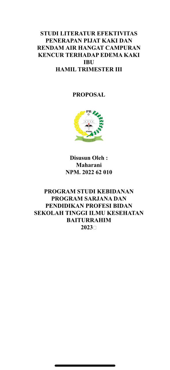 STUDI LITERATUR PENGARUH PIJAT KAKI DAN RENDAM AIR HANGAT CAMPURAN KENCUR TERHADAP EDEMA KAKI IBU HAMIL TRIMESTER III