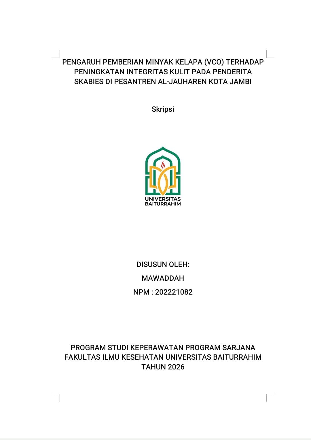 PENGARUH PEMBERIAN MINYAK KELAPA (VCO) TERHADAP PENINGKATAN INTEGRITAS KULIT PADA PENDERITA SKABIES DI PESANTREN AL-JAUHAREN KOTA JAMBI