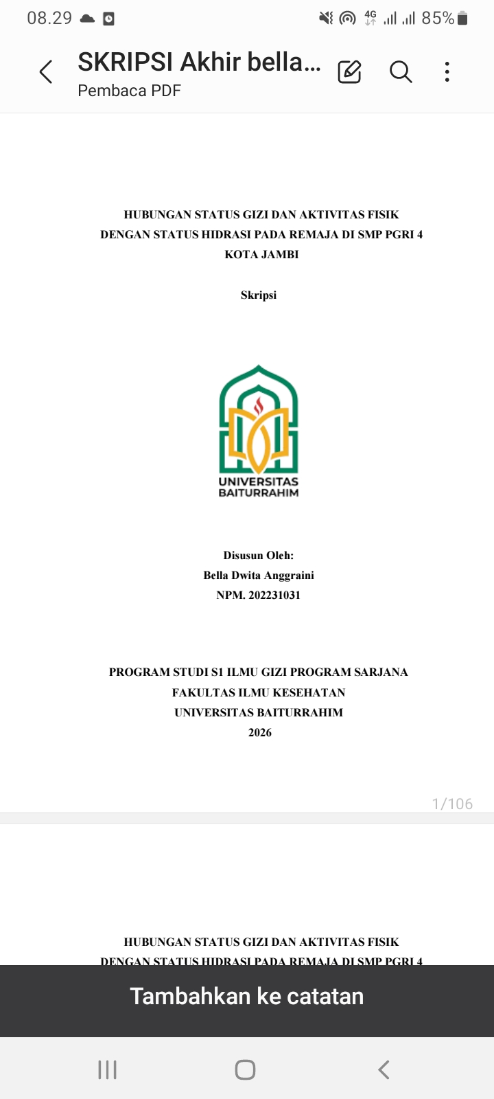 HUBUNGAN STATUS GIZI DAN AKTIVITAS FISIK DENGAN STATUS HIDRASI PADA REMAJA DI SMP PGRI 4 KOTA JAMBI