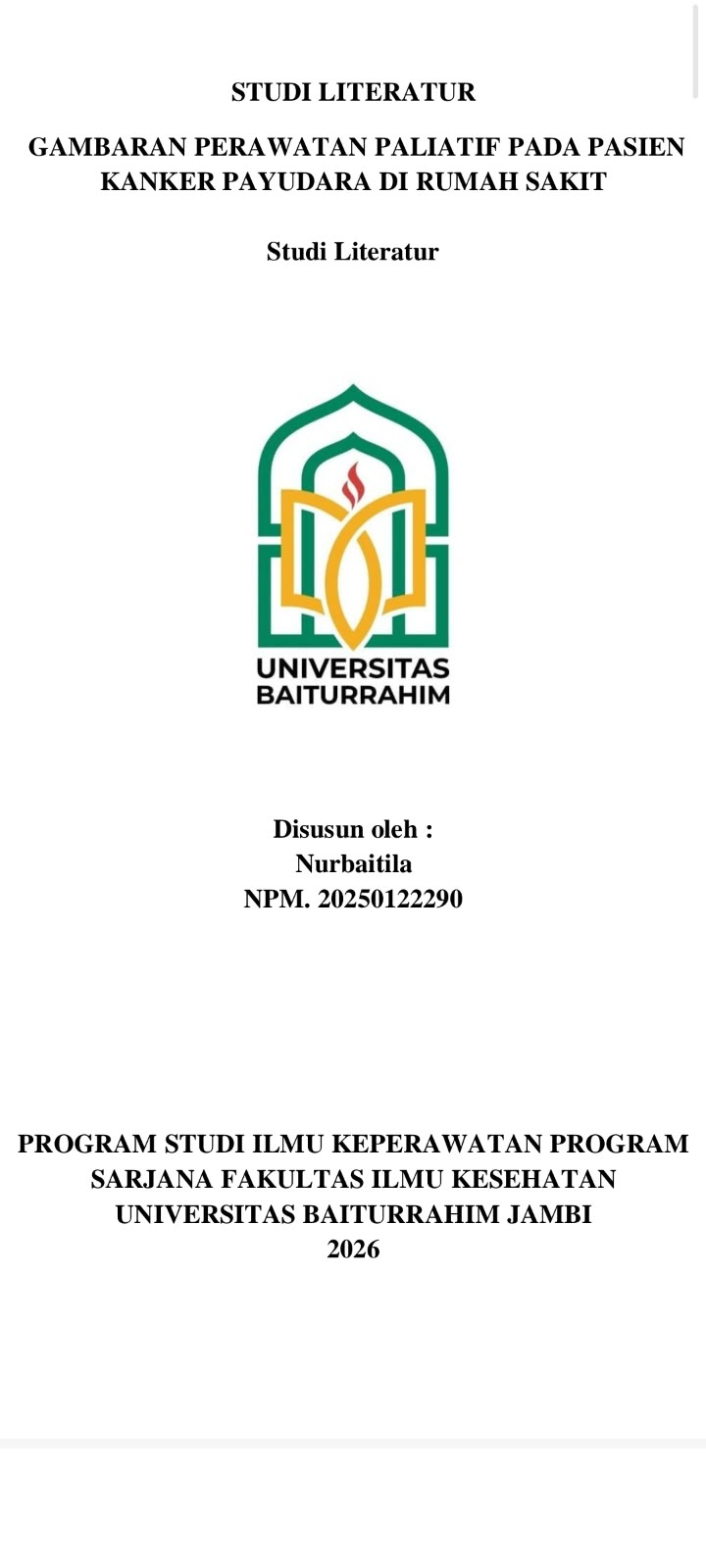 STUDI LITERATUR GAMBARAN PERAWATAN PALIATIF PADA PASIEN KANKER PAYUDARA DI RUMAH SAKIT