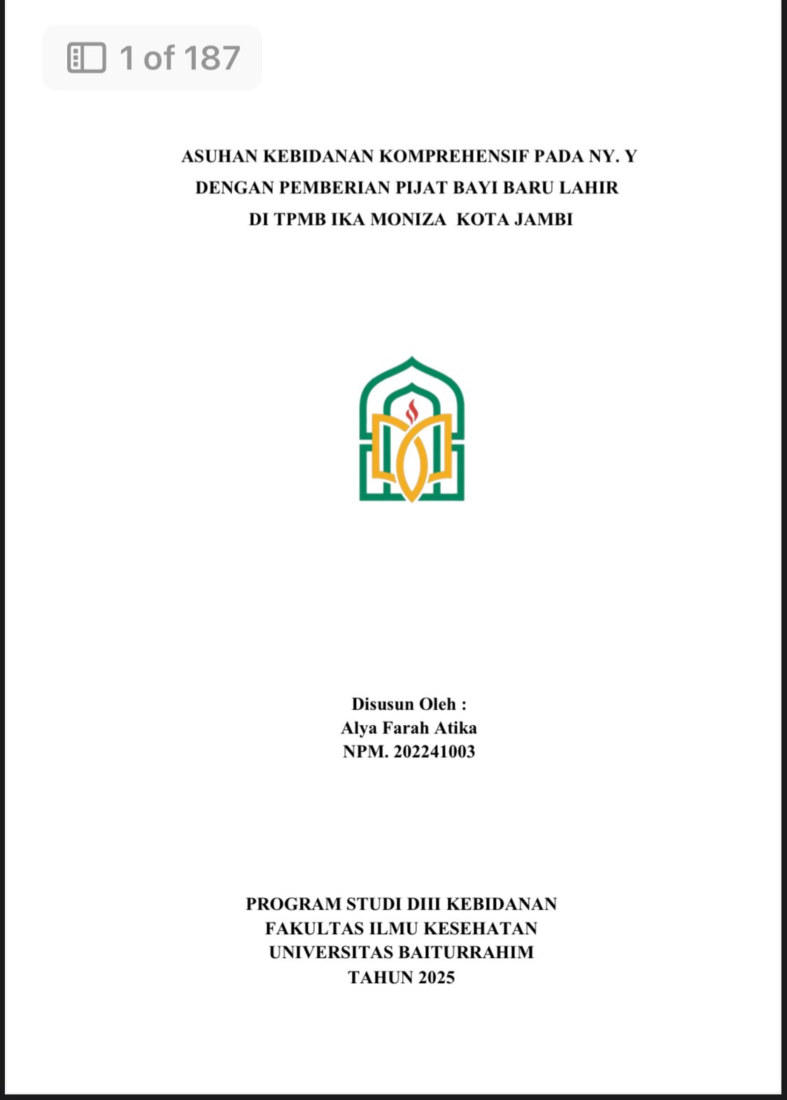 ASUHAN KEBIDANAN KOMPREHENSIF PADA NY Y DENGAN PEMBERIAN PIJAT BAYI BARU LAHIR DI TPMB IKA MONIZA KOTA JAMBI